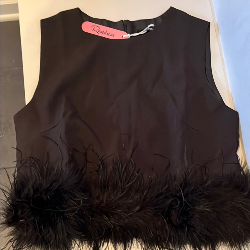 Rosedress Black Sleeveless Top with Feather Trim- Size Medium